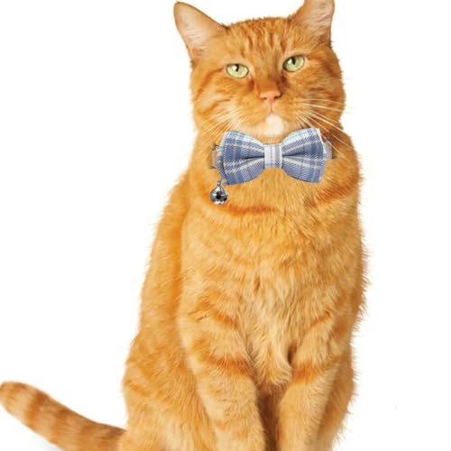 2 PCS Cat Collar with Bow Breakaway Bowtie Safety with Bell Cat Bow Tie Collar Cute Boy Kitten Collars Plaid Pet Collars Adjustable Safety Quick Release Cats for Kitten Cats (Blue)