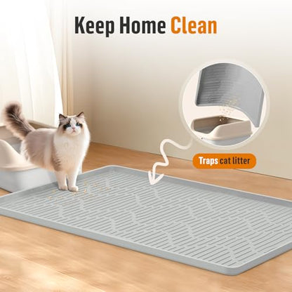 Silicone Cat Litter Mat, 28" x 22" Large Cat Litter Box Mat Litter Trapping Mat for Scatter Control, Waterproof, Soft on Kitty Paws, Clean Floor (Grey) - size: 28"L x 22"W