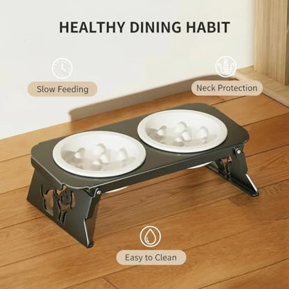 Elevated Ceramic Slow Feeder Bowls, 2 Bowls & Black Stainless Steel Stand,for Cats and Small Medium Dogs, 1.5 Cups*2,Raised Cat Food and Water Bowl Set, Blue & White