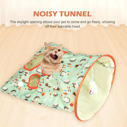 SYCOOVEN Cat Tunnel Bag for Indoor Cats, Pet Collapsible Tunnel Crinkle Sack Bag with 1 Little Mouse & Toy Ball, Crinkle Paper Interactive Cat Toys Hide and Seek(Green Pattern) - color: green pattern