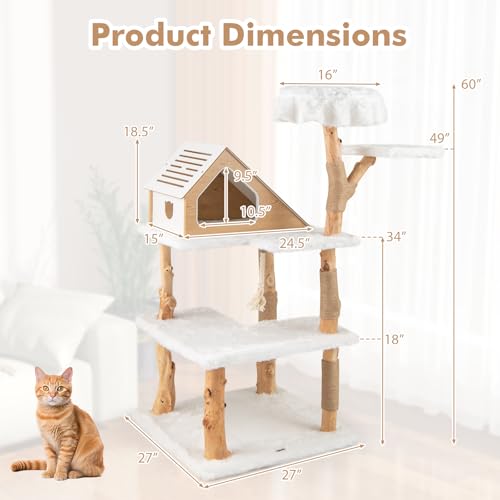 Tangkula Solid Wood Cat Tree, Modern Wooden Cat Tower with Jute Scratching Posts, 2 Perches, Condo, Sisal Rope, Soft Long Plush, 60 Inch Tall Cat Tree Tower for Indoor Cats Large Adult - style: Triangle Condo