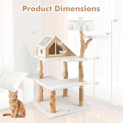 Tangkula Solid Wood Cat Tree, Modern Wooden Cat Tower with Jute Scratching Posts, 2 Perches, Condo, Sisal Rope, Soft Long Plush, 60 Inch Tall Cat Tree Tower for Indoor Cats Large Adult - style: Triangle Condo