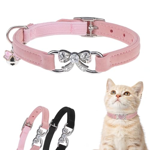 BINGPET Bling Cat Collar with Bells and Safety Belt,Adjustable Soft Velvet Kitten Collar with Diamond Bow,Cute Pink Cat Collars for Girl Cats(Pink, Neck Girth 8"-10") - color: Pink(Bowknot), size: Neck Girth 8"-10"