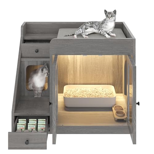 Merax Cat Litter Box Enclosure Furniture with Light,Hideaway Litter Box Furniture with 2 Storage Drawers for Living Room,Gray - color: Grey