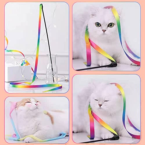 LASOCUHOO Interactive Cat Wand Toys Interactive Cat Teaser Wand String Ribbon Rainbow Charmer for Cats and Kittens - 2 Packs - color: Rainbow