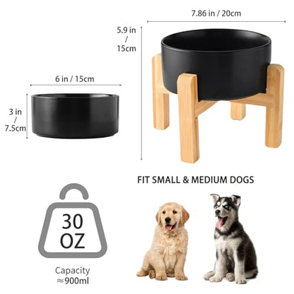 6'' Ceramic Raised Dog Bowl - 30Oz Dog Food & Water Bowl with Elevated Non-Slip Bamboo Stand, Dishwasher & Microwave Safe, Anti Vomiting Heavy Duty Pet Bowl for Small and Medium Dogs, Black - color: 1 x Bowl + Stand - Black, size: 6 inch