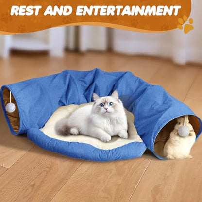 Spardar Bunny Tunnel Bed, 2-in-1 Collapsible Tunnel Tubes Toys, Washable, with Removable Mat Hideout, Interactive Toys for Rabbits Chinchilla Hedgehog Guinea Pigs Kitty, Blue - color: Blue