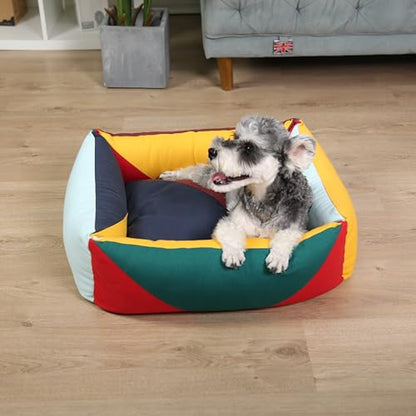 Cotton Canvas Dog Bed, Cute Dog Beds for Small Dogs, Puppy Bed with Washable Removable Cover, Durable 290 GSM Cotton Anti-Chewing Pet Bed with Anti-Slip Bottom (24"x20"x8", Red&Yellow&Green) - color: Red+Green+Yellow, size: Small