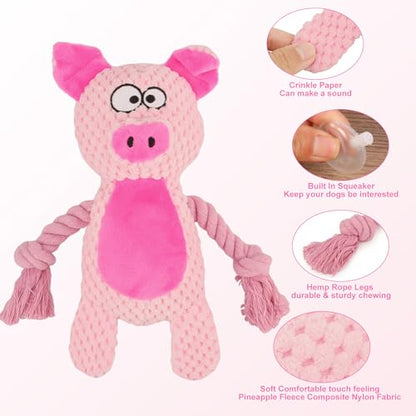 Dog Toys, Dog Squeaker Toys with Crinkle Paper, Stuffed Animal Dog Plush Chewing Toy, Cotton Rope Interactive Toys for Puppy, Small, Middle Dogs (Pink Pig) - color: Pink