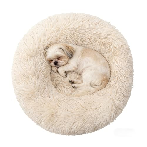 Calming Donut Dog Beds for Small Dogs Kitten - Washable Removable Cover Non-Slip Bottom, Round Pet Bed Puppy Bed Warming Fluffy Faux Fur Anti-Anxiety, Fits up to 15 lbs (Beige, 20") - color: Beige, size: 20"L x 20"W x 8"Th