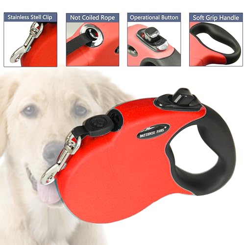 16Ft Chew Proof Retractable Dog Leash Anti-Chewing Wire Ropes Hands-Free Adjustable Safety Lock Durable Nylon Belt for Large Dogs Red L - color: Red, size: Large