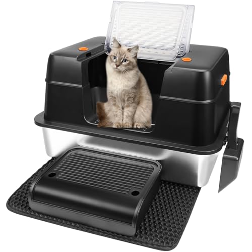 Vivifying Stainless Steel Litter Box, XL Side Entry Extra Large Litter Box with Lid for Big Cats & Kitty, Removable Enclosed Metal Cat Pan with High Sided Enclosure, Scoop (Black) - color: Black