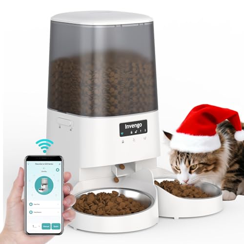 Automatic Cat Feeder with App Control, 5L Food Dispenser for 2 Cats, 2.4/5G WiFi, Dual Power, Programmable Portions, Anti-Jam & Fresh-Lock, Stainless Steel Bowls, Easy to Clean - color: White, size: Dual-Bowl