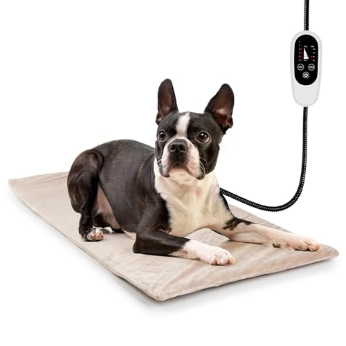 NICREW Dog Heating Pad, Temperature Adjustable Heated Dog Bed with Auto Shut Off Timer, Indoor Pet Heated Bed Mat for Cats and Dogs, 27.5 x 15.7 Inches, 75W - color: Khaki, size: 27.5"L x 15.7"W x 0.4"Th