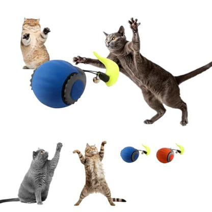 Interactive Cat Toy Ball - Automatic Rolling Rechargeable Cat Toy, Chasing Ball for Indoor Cats & Kittens, Feather Tail, Self-Moving Toy, Fast & Slow Speed (Blue)