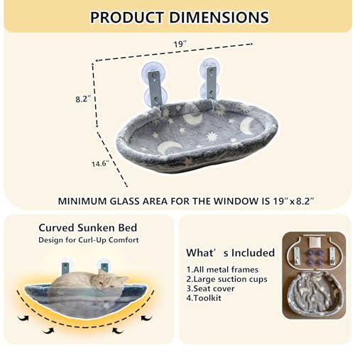 Cat Window Perch Hammock - Glow in The Dark Cordless Foldable Pet Bed with Sturdy Metal Frame & Strong Suction Cups, Star Print Resting Seat for Indoor Cats with Removable Washable Cover