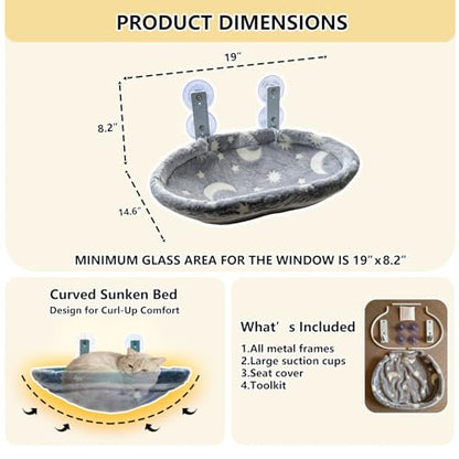 Cat Window Perch Hammock - Glow in The Dark Cordless Foldable Pet Bed with Sturdy Metal Frame & Strong Suction Cups, Star Print Resting Seat for Indoor Cats with Removable Washable Cover