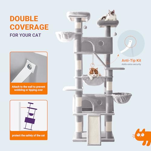 Allewie 81 Inches Tall Cat Tree/Multi-Level Large Climbing Tree House and Towers for Big Feline/Condo and Hammock/Scratching Post/Wide Base/Grey - color: Grey