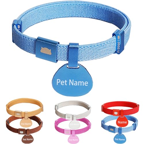 Minimalist Stretch Lightweight Custom Engraved Cat Collar with Name Tag Personalized Cat Collars for Kitten Boy & Girl Cats (Blue, Collar with ID Tag) - color: Blue, size: Collar With Id Tag