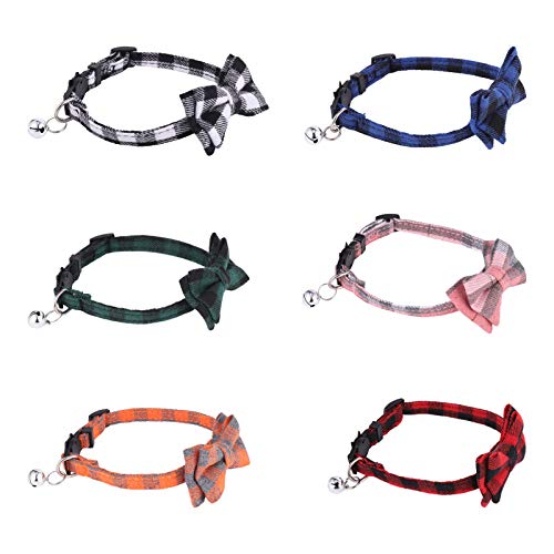DragonflyDreams 6 PCS Cat Collars with Bow Tie and Bell,Cat Collars Plaid,Breakaway Adjustable Cat Bow Tie Collars,Cute Bow Tie Suitable for Kittens Or Certain Puppies - color: Red, Green, Blue, Pink, Black, White, Orange