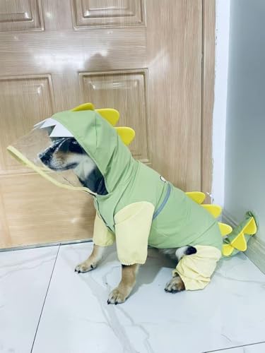 Waterproof Dog Raincoat, Dinosaur Design, Full Body Protection with Elastic Trousers, for Small Dogs (Green, Large) - color: Green, size: Large