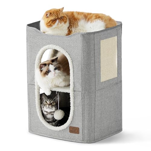 Bedsure 2 Story Cat House - Cat Condos for Indoor Cats with Scratch Pad and Fluffy Ball Hanging, Small Pet Cave Furniture Hideaway for Multi Pets, 18x14x23 inches, Grey - color: Grey, size: Double