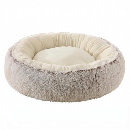Calming Donut Dog Bed Cat Bed, Fluffy Long Fur Outer & Short Fur Inner, Sweat-Free Cozy Cuddler, Non-Slip Bottom,for Small Medium Dogs Cats Puppy Kitten (Donut Bed - Coffee Color, Medium 19.7 Inches) - color: Donut bed - Coffee color, size: 19.7 in Medium