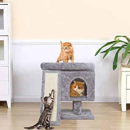 SYANDLVY Small Cat Tree for Indoor Cats, Cat Tower with Scratching Post, Modern Activity House for Large Cats, Condo with Board, Kittens Cave (Light Grey) - color: Light Grey