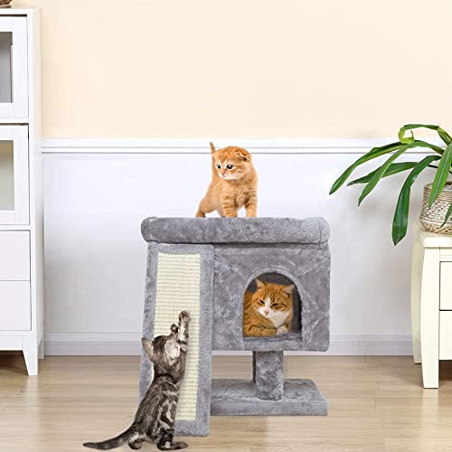 SYANDLVY Small Cat Tree for Indoor Cats, Cat Tower with Scratching Post, Modern Activity House for Large Cats, Condo with Board, Kittens Cave (Light Grey) - color: Light Grey