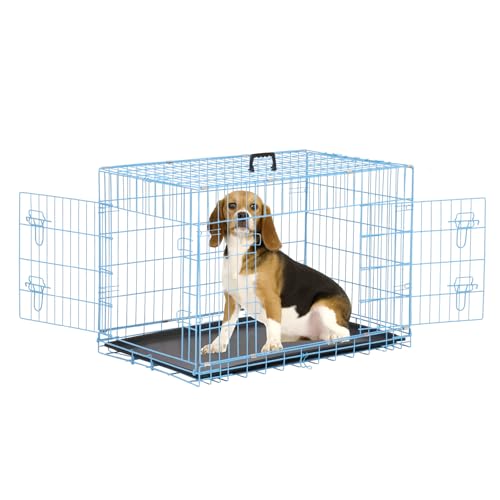 36 inch Dog Crates for Medium Dogs Folding Metal Wire Dog Cage Kennel, Indoor Outdoor Dog Crate Kennels with Handle&Proof Tray Portable Pet Kennel Blue - color: Blue