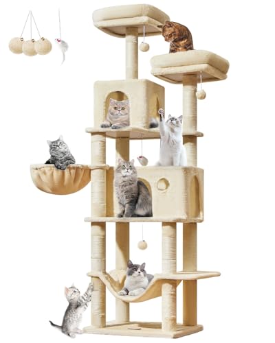 Taoqimiao Large Cat Tree，73-Inch Cat Tree Tower with 9 Scratching Posts for Indoor Cats, 2 Large Cat Condo with Hammock, Hanging Basket, 2 Extended Platform, Beige MS013XLM - color: Beige, size: 73 inches