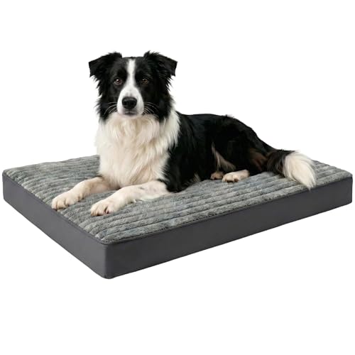 Dog Bed Large Sized Dogs, Orthopedic Flannel Pet Bed with Removable Washable Cover, Waterproof Indestructible Big Dog Bed with Anti-Slip Bottom, Egg Memory Foam Pad, 36.0"x27.0"x3.5", Grey - size: L(36"x27"x3.5")