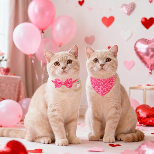 SCENEREAL Valentine's Day Cat Bandana Collars with Bell Bowtie - 2 Pack Breakaway Pink Kitten Collars, Adjustable Cute Love Heart Pet Accessories for Cats Small Dogs - color: Bandanas & Bow (Heart-Pink)