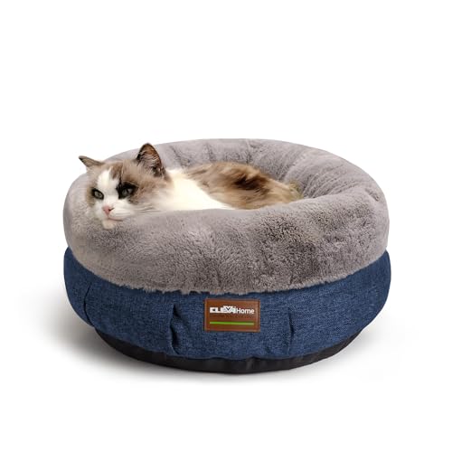 ClevaHome Calming Soft Plush Donut Cat Bed, Fluffy Round Cat Bed for Indoor Cats, Washable Kitten Bed with Plush Faux Fur, Anti-Slip Bottom, Denim Grey - color: Denim Grey, size: 20"L x 20"W x 8"Th