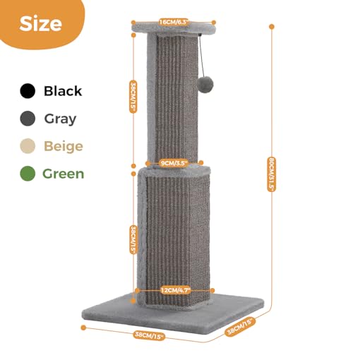 PAWZ Road Large Cat Scratching Post 32” Tall Scratching Post for Indoor Cats Adults Ultimate Scratch Post with Woven Sisal, Large Base and Removable Dangling Ball- Grey - color: Grey