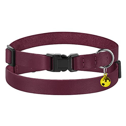 Breakaway Cat Collar with Bell - Leather Adjustable Kitten Collars with Safety Quick Release Buckle - Soft Small Pet Collars for Girl & Boy Cats (Burgundy) - color: Burgundy