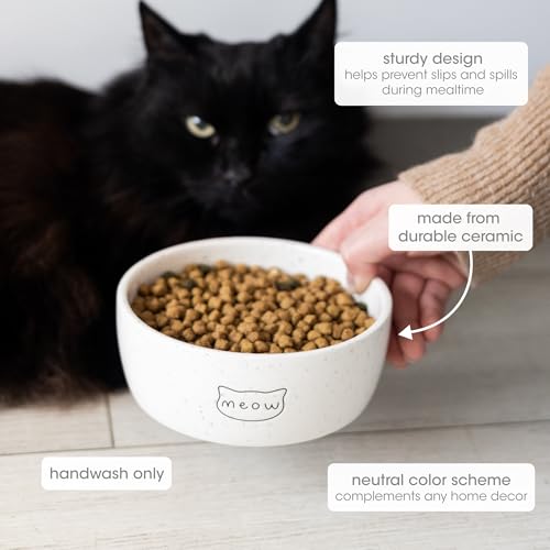 Pearhead Ceramic Meow Cat Bowl, Holds 12 oz, Whisker-Friendly Pet Dish for Food and Water, Modern Speckled White - color: Speckled "Meow", size: Single Bowl