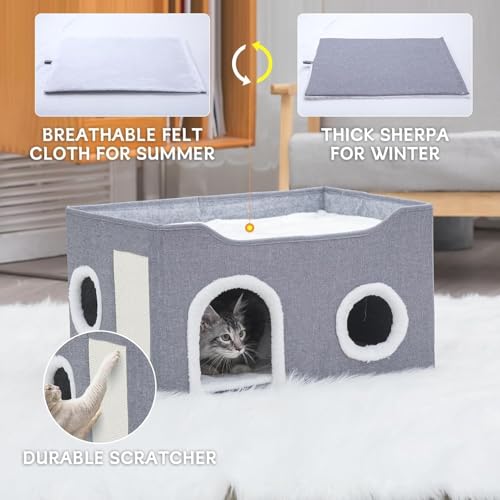 Cat House for Indoor Cats – Foldable Cat Cave & Covered Cat Bed, Cozy Hideaway for Small Pets and Large Cats (23.6"x16"x12.8"),Grey - style: Grey
