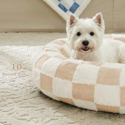 Ohocut Checkered Dog Bed, Cute Beige Khaki Retro Style Aesthetic Round Warming Pet Calming Beds for Small Dog and Cats, Plush Cozy Donut Dog Beds Washable, 30" L x 30" W x 8" Th - color: Beige, size: 30"L x 30"W x 8"Th