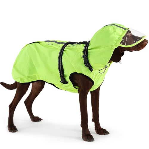 Dog Raincoat XL, Waterproof Rain Jacket for Dogs with Adjustable Built-in Harness & Back Zipper, Reflective Strip, Removable Hood, for Rainy Walks, Muddy Roads - Fluorescent Green - color: Fluorescent Green, size: X-Large