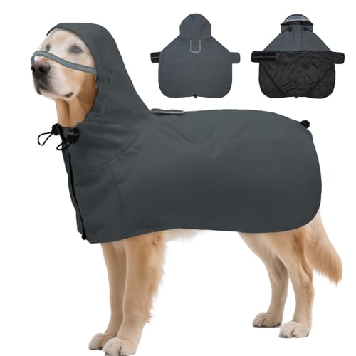 Dog Raincoat Waterproof with Hood & Leg Straps - Reflective Lightweight No-Sleeve Poncho for Large Medium Small Dogs - Easy On/Off with Harness Hole & Belly Coverage for Wet Weather - color: Grey, size: X-Large