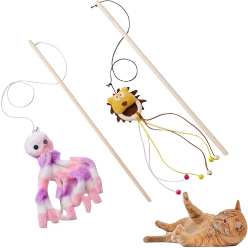 NOWFRESH Cat Wand Toy Set, 2 PCS Interactive Cat Teaser Wands with Cute Octopus & Lion Designs, Equipped with Bells and Streamers to Captivate Your Cat’s Attention - color: Octopus and Lion