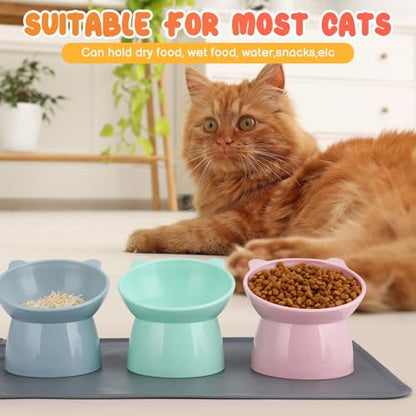3 Pcs Elevated Cat Bowls 15° Raised Cat Bowl with Silicone Mat Whisker Friendly Anti Vomiting Cats Elevated Food and Water Bowls for Indoor Cats Kittens - color: Pink, Blue, Green