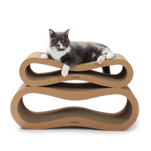 Modkat® Premium 2 Cat Scratcher Set. Large (30L X 10.6H in.) and Small (26.6L X 7H in.) Sizes. Scratch, Play Lounge. High-Grade Cardboard, 100% Recyclable, Reversible.