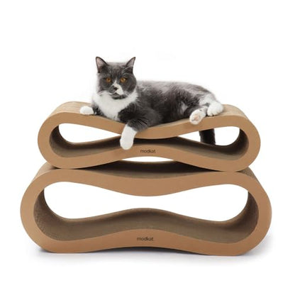 Modkat® Premium 2 Cat Scratcher Set. Large (30L X 10.6H in.) and Small (26.6L X 7H in.) Sizes. Scratch, Play Lounge. High-Grade Cardboard, 100% Recyclable, Reversible.