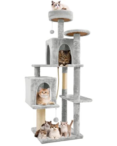 58.5inch Large Cat Tree Tower Condo for Indoor Cats, Soft Plush Multi-Level Climbing Tree Cat House, Scratching Post, More Entrance/Exit, Sisal Rope, Light Grey - color: Light Grey