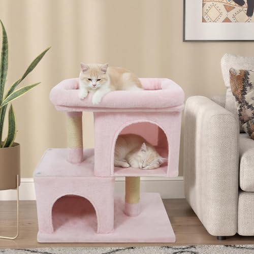 Tangkula Small Cat Tree for Indoor Cats, 25.5 Inch Cat Tower with Sisal Scratching Posts, 2 Large Cat Condos with Padded Top Perch, Modern Cat Climbing Furniture for Adult Cats & Kittens (Pink) - color: Pink