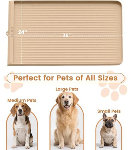 Dog Food Mat 36"x24", Waterproof Pet Feeding Mat with Diversion Grooves and Raised Edges, Large Non-Slip Dog Bowl Mat for Food and Water, Cat Food Mat for Floors, Easy to Clean, Khaki - color: Khaki