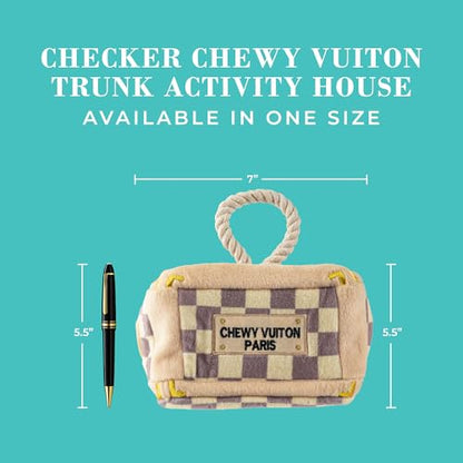 Haute Diggity Dog Chewy Vuiton Trunk Puzzle with 3 Plush Squeaky Dog Toys, Soft Durable Designer-Inspired Stuffed Puppy Chew Toys for Small & Medium Dogs, Machine-Washable (Tan Checker) One Size - color: Brown Trunk, size: One Size