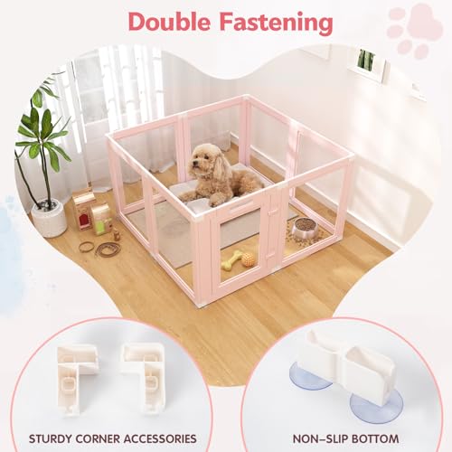 DIY Clear Acrylic Dog Playpen Indoor, Transparent Easy Cleansing Puppy Fence with Suction Cup, Easy-Assemble Indoor Whelping Crate for Small Puppies (23.6" H, 8PCS), Pink - color: Pink, style: 8PCS